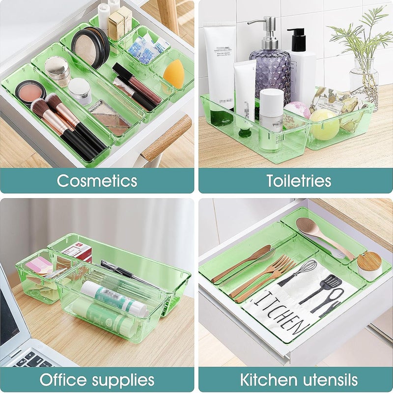 WOWBOX 25 PCS Plastic Drawer Organizer Set, 4 Sizes Desk Drawer Divider Organizers and Storage Bins for Makeup, Jewelry, Gadgets for Kitchen, Bedroom, Bathroom, Office, Clear Green - Image 5
